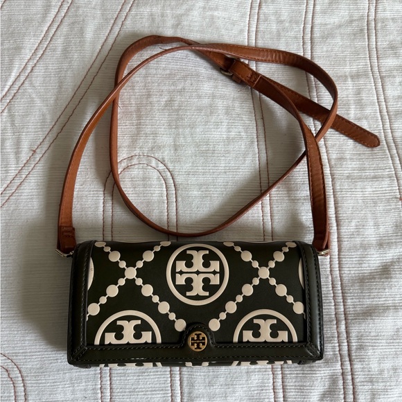 Tory Burch T Monogram Embossed Wallet Crossbody Bag Green Brown GeometricPattern - Picture 3 of 16